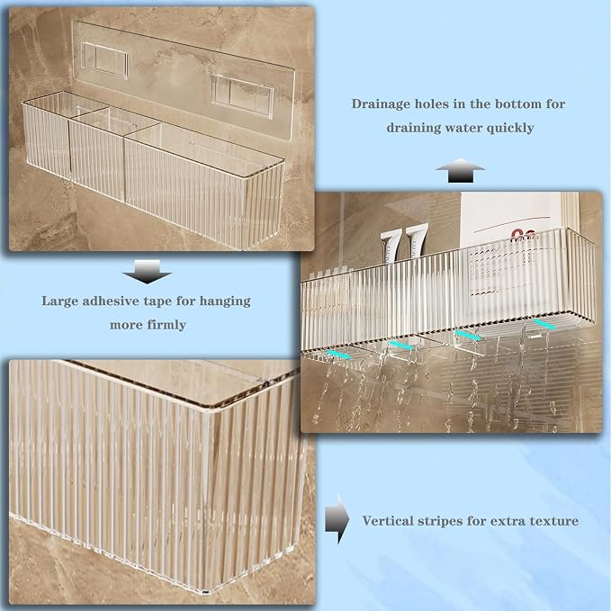 Lae Nuvole Wall Organizer, 2-Pack Clear Adhesive Shelves for Narrow Space | 3 Compartments, Slim 2.28" Depth, No-Drill Adhesive Mount, renter friendly, for Bathroom Vanity, Office, Cabinet Door