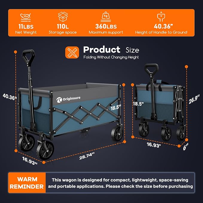 Originsure 110L Portable Foldable Wagon Cart, 360lbs Heavy Duty, Grey&Blue | All-Terrain Wheels,Solid Steel Frame,Adjustable Handle,Compact&Space-Saving,Utility for Camping,Sports,Grocery,Garden