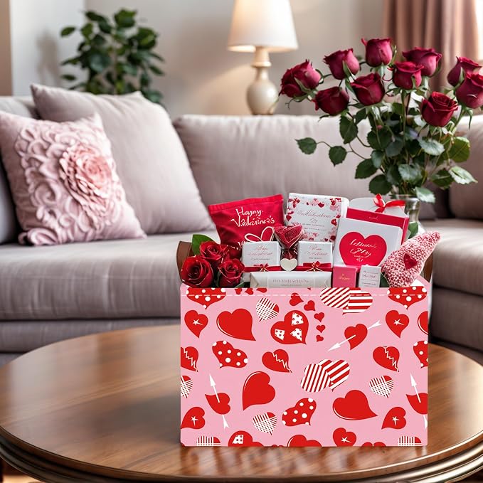 Cute Large Valentine's Day Gift Basket Empty Heart Decor Storage Bin for Kid Baby Room Décor (Striped Red Heart)
