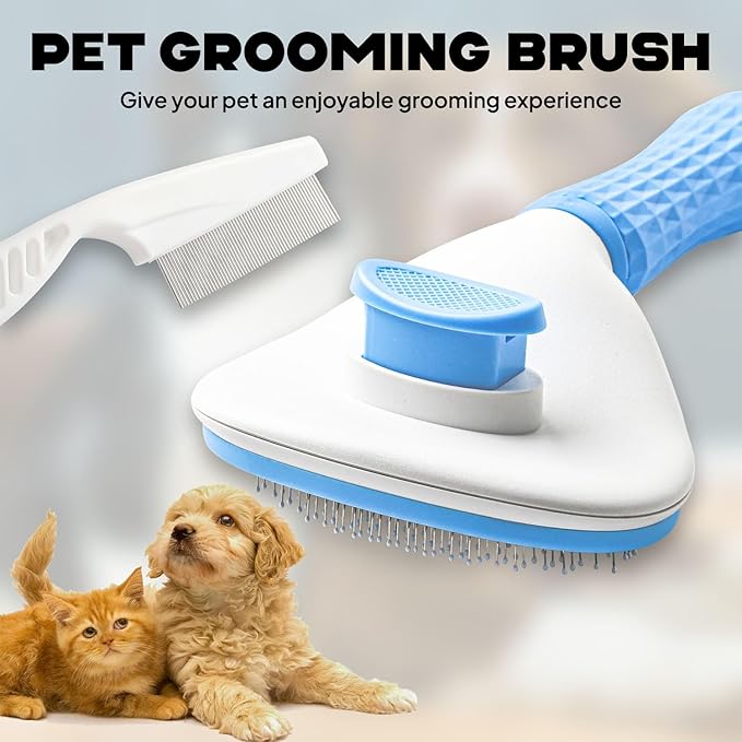 Self-Cleaning Pet Grooming Brush – Professional Stainless Steel Slicker Brush for Dogs & Cats – Includes FREE Bonus Hair Comb