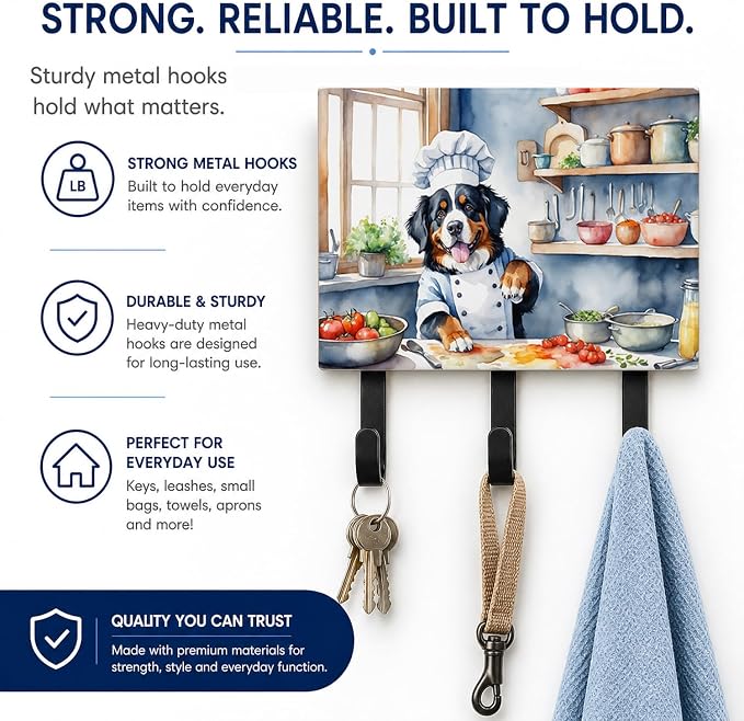 Caroline's Treasures Bernese Mountain Dog The Chef Leash or Key Holder Wall Hooks, Key Hooks Holder, Coat Rack Wall Mount, Coat Hooks, Hooks for Hanging Keys, Towels, Aprons, Leashes | Bernese Mountain Dog The Chef artwork on ceramic tile with three st...