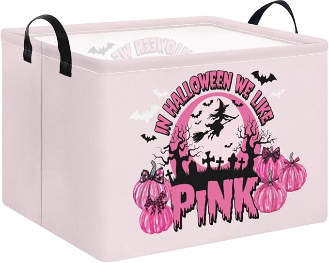 Pink Spooky Cute Witch Halloween Basket with Pumpkin Prints, Trick or Treat Storage basket for Gifts and Party Stuffers(Black Pink Halloween)
