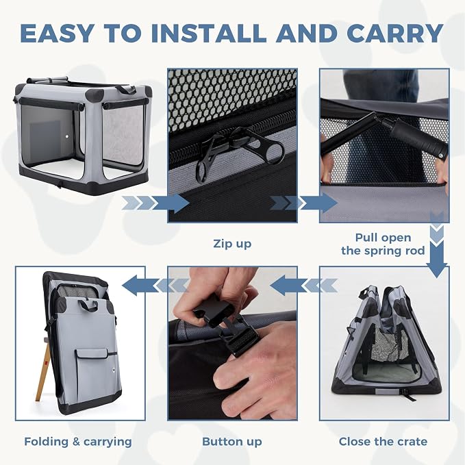 DUMOS Soft Dog Crate 30 Inch, Large Foldable Outdoor Cat Carrier | Foldable Portable Design, Indoor Outdoor Travel Kennel, Storage Bag, Washable Pad, Grey