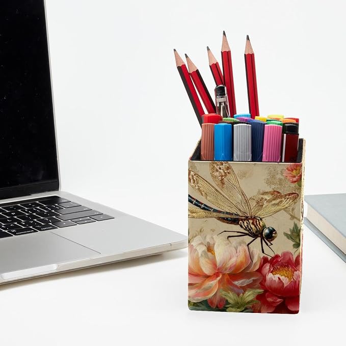 Retro Dragonfly Pen Holder for Desk Decor, Rectangular PVC Leather Pencil Cup for Desk Pen Organizer, Makeup Brush Holder for School, Home, Office