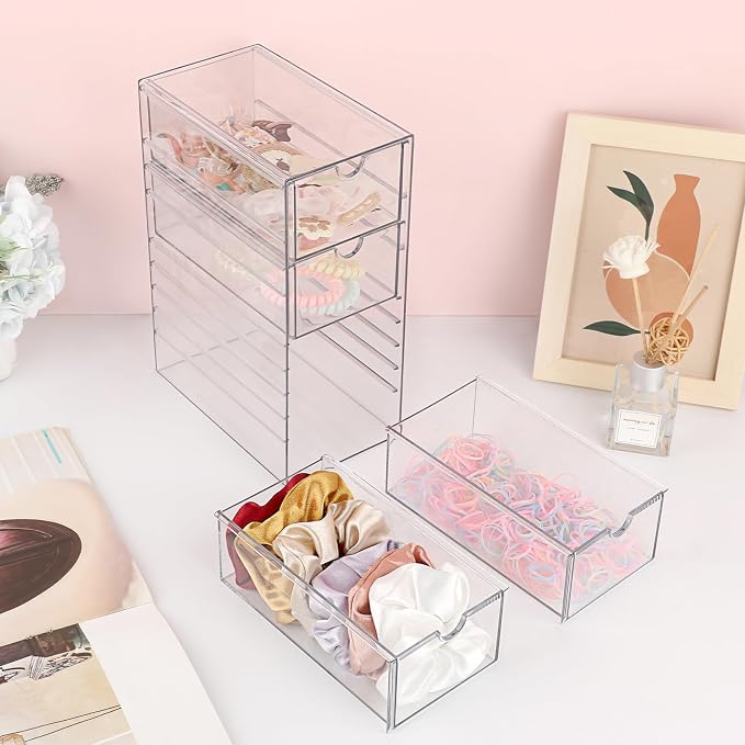 Hipiwe Plastic Drawer Organizer Clear Storage Box with 4 Pull Out Drawer | Drawers Box for Bathroom, Dresser, Cosmetic Hair Tie Container for Women