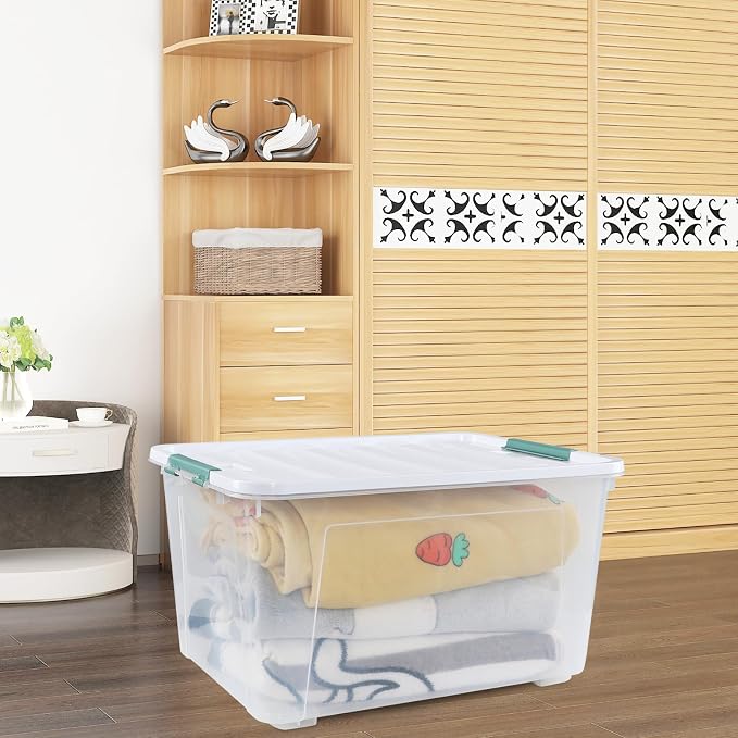 4-Pack Clear 80 L Rolling Plastic Storage Bins with Latching Lids