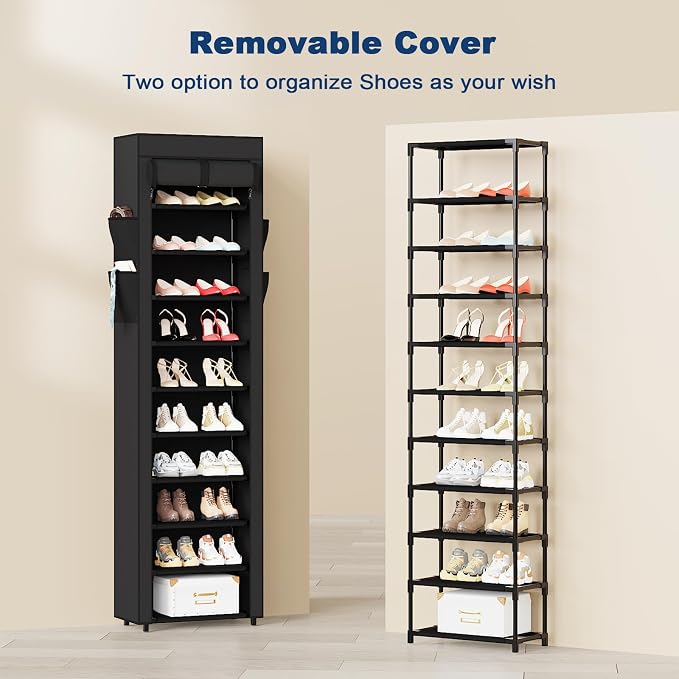 Shoe Rack with Cover, 10 Tier Tall Shoe Organizer for 18-22 Pairs of Shoes | Shoe Organizer with 4 Side Pockets, Shoe Cabinet for Entryway, Closet