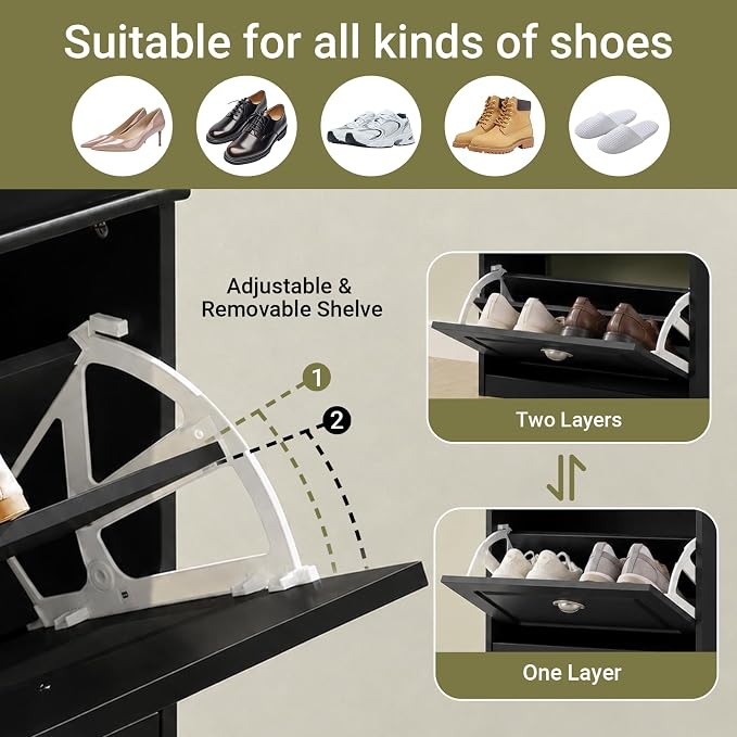 Haotian Shoe Cabinet with 3 Flip Drawers | Freestanding Shoe Rack for Entryway, Shoe Organizer with Hidden Drawer, Black, FSR94-SCH