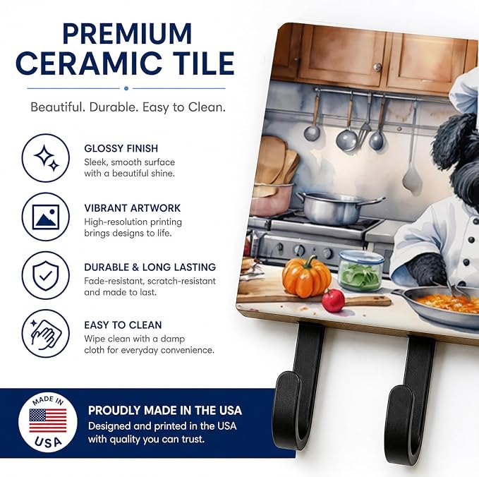 Caroline's Treasures Puli The Chef Leash or Key Holder Wall Hooks, Key Hooks Holder, Coat Rack Wall Mount, Coat Hooks, Hooks for Hanging Keys, Towels, Aprons, Leashes | Puli The Chef artwork on ceramic tile with three steel hooks for keys, leashes, towels