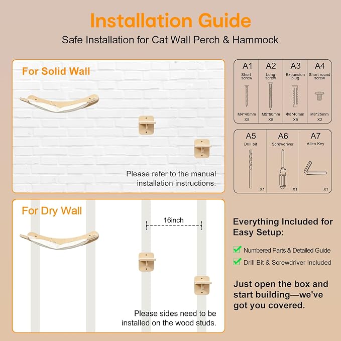 Wall-Mounted Cat Hammock with 2 Wooden Perching Steps—a Suspended Solid Wood wall-Mounted cat Shelf Set Suitable for Indoor Climbing beds for Kittens, Small, Medium, and Large Cats