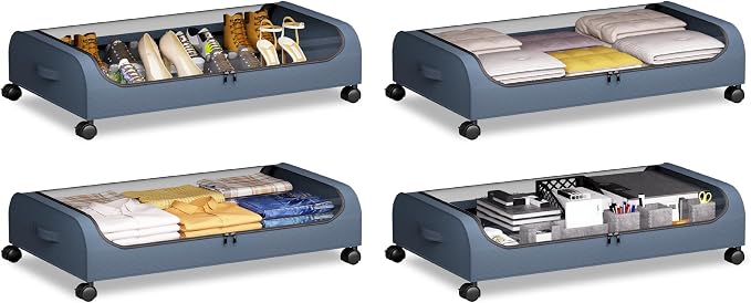 Under Bed Storage with Wheels, 4 Pack Curved Under Bed Storage Containers, 60L Under The Bed Storage Bins, Rolling Under The Bed Storage Metal Drawer for Clothes, Blankets, Shoes-Gray