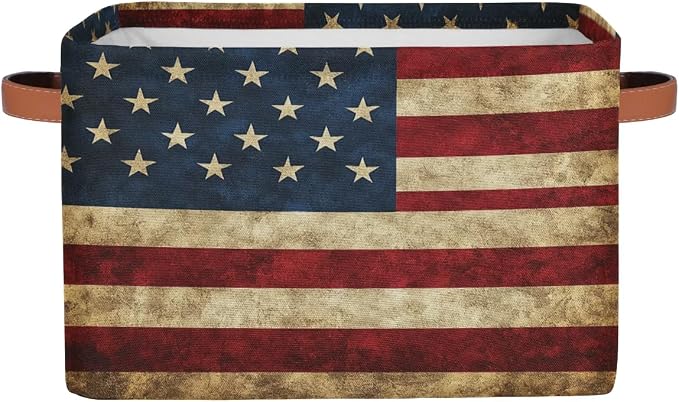American USA Flag Storage Baskets with Handles Fabric Storage Boxes Collapsible Nursery Basket for Shelf Book Cloth 15 X 11 X 9.5 IN Closet Organizer Bins