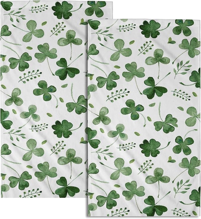 Giwawa St Patrick Day Hand Towel Set of 2 Sage Green Clovers Shamrock Towel Spring Summer Eucalyptus Leaves Face Towel Quick Drying Dish Wash Cloth for Hotel Bathroom Gym Home Holiday