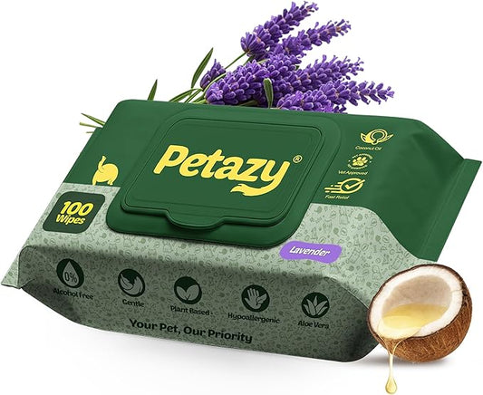 Petazy Dog Wipes for Paws and Butt – 100 Count (8x8in) Hypoallergenic, Deodorizing Pet Wipes for Dogs and Cats | Extra Large, Plant-Based, Lavender Scented | Travel Size, Single On-the-Go Pack