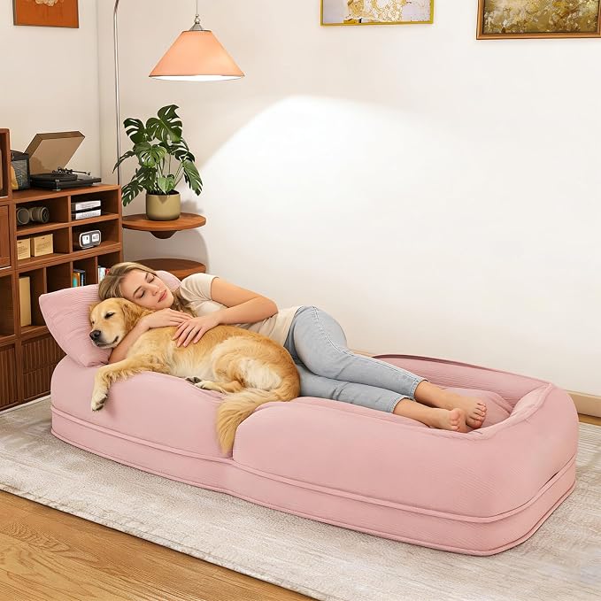 Human Dog Bed for Adults and Pets, Upholstered Foldable Lazy Sofa Bed with 5 Adjustable Positions, Corduroy Floor Sofa Bed with 2 Pillows, Convertible Recliner for Living Room, Reading Corner (Pink)