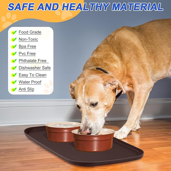 SMILOOL Silicone Pet Feeding Mat with Raised Edge for Food and Water, Dog Bowl Mats, Cat Bowls Placemat with High Lip for Floor Waterproof, Rubber Tray for Cats and Dogs 24 x 16 x0.8 Dark Brown