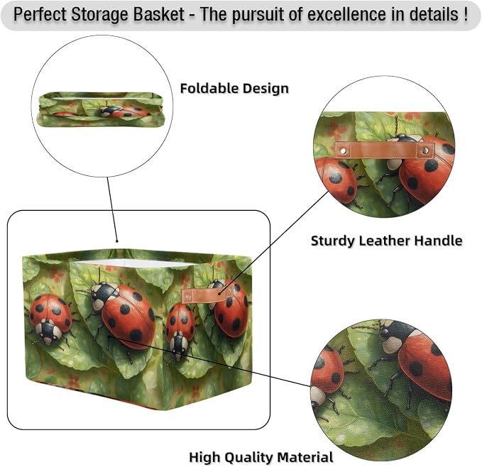 Green Leaf Ladybugs Storage Boxes Theme Storage Nursery Baskets with Handle Closet Collapsible Organizer Shelf Bins for Book Cloth 15 X 11 X 9.5 IN
