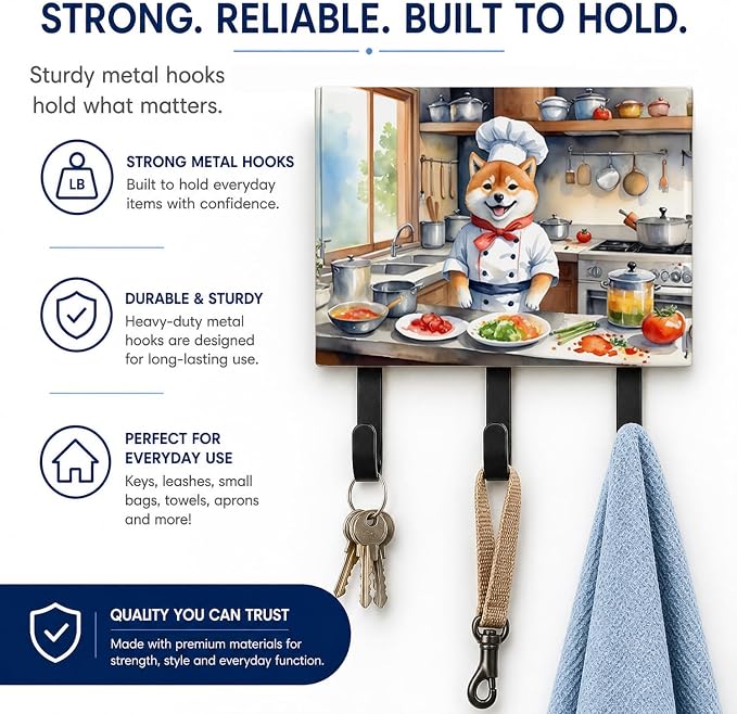 Caroline's Treasures Shiba Inu The Chef Leash or Key Holder Wall Hooks, Key Hooks Holder, Coat Rack Wall Mount, Coat Hooks, Hooks for Hanging Keys, Towels, Aprons, Leashes | Shiba Inu The Chef artwork on ceramic tile with three steel hooks for keys, le...