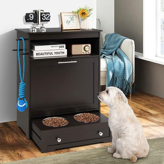 Tangkula Pet Feeder Station, Dog Food Storage Container With Double Pull Out Bowls, Food Toy Organizer Cabinet, Feeding Station Furniture for Dogs Cats Feeding & Watering Supplies (Brown)