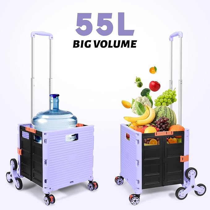 FELICON SELORSS Folding Utility Climber Cart Portable Rolling Crate-Purple | Stair Climbing Wheels+360°Swivel Wheels,Telescoping Handle,Plastic Box Dolly for Travel Shop Move Laundry Office Teacher Use