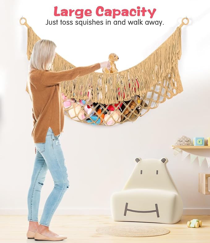 Stuffed Animal Hammock - Extra Large 63'' Long (Coffee color) | Premium Cotton Hand-knitted, Beautiful Long Tassel, Storage Hanging Organizer, Can Fit Stuffed Animals 40 Piece or More