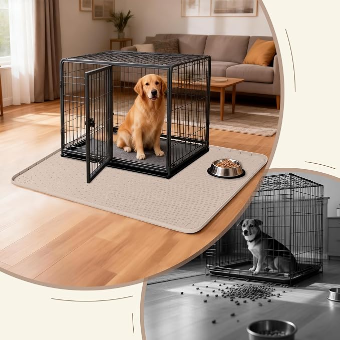Silicone Dog Crate Mat 50"x 35" Under Dog Crate Kennel Pad Mat, Khaki | Extra Large Dog Cage Mat, Non-Slip Waterproof Dog Playpen Mat, Reusable Washable Dog Mat for Crate, Protect Floors