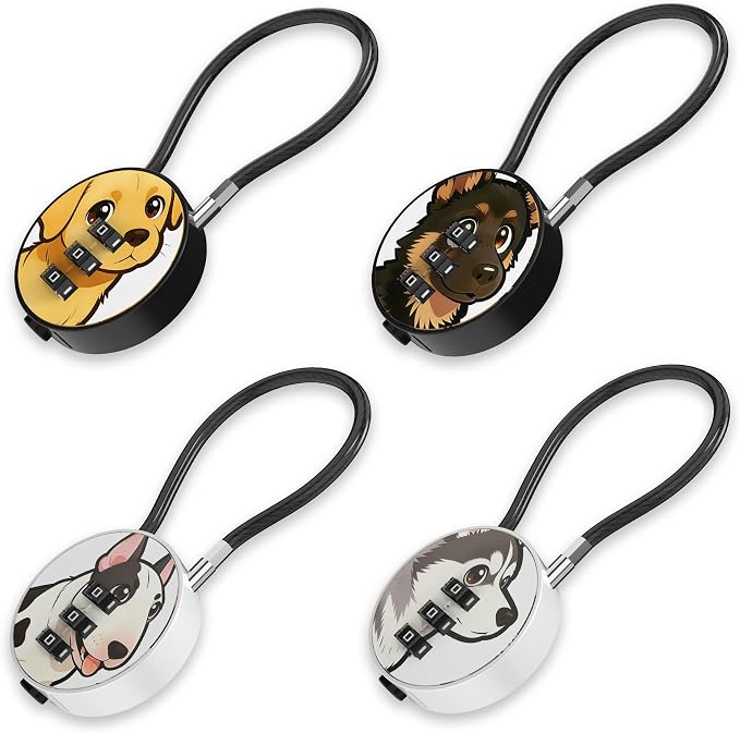 Small Combination Lock for Luggage, Gym Locker, Backpack Bag Zipper, Mini Combo Lock with Code, 5.12 Inch Steel Cable Padlock for Travel Suitcase (4-Dog, Cool)