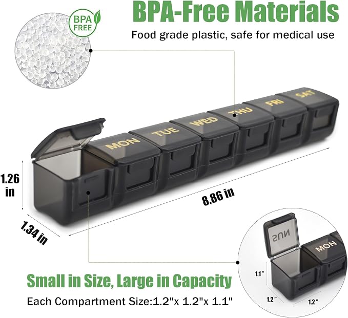 2 Pack Weekly Pill Organizer, Large 7 Day Pill Case, Daily Vitamin Case Medicine Box, AM/PM Pill Containers for Medicine Supplements Fish Oil (Black & Black)