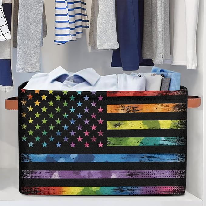 Pardick Flag Basket Storage Bins Rectangle Canvas Basket Cube Storage Box | Nursery Foldable Basket with Handle for Kids Girls Boys Toys Living Room Closet Organizer Shelf Gifts Camo Rainbow