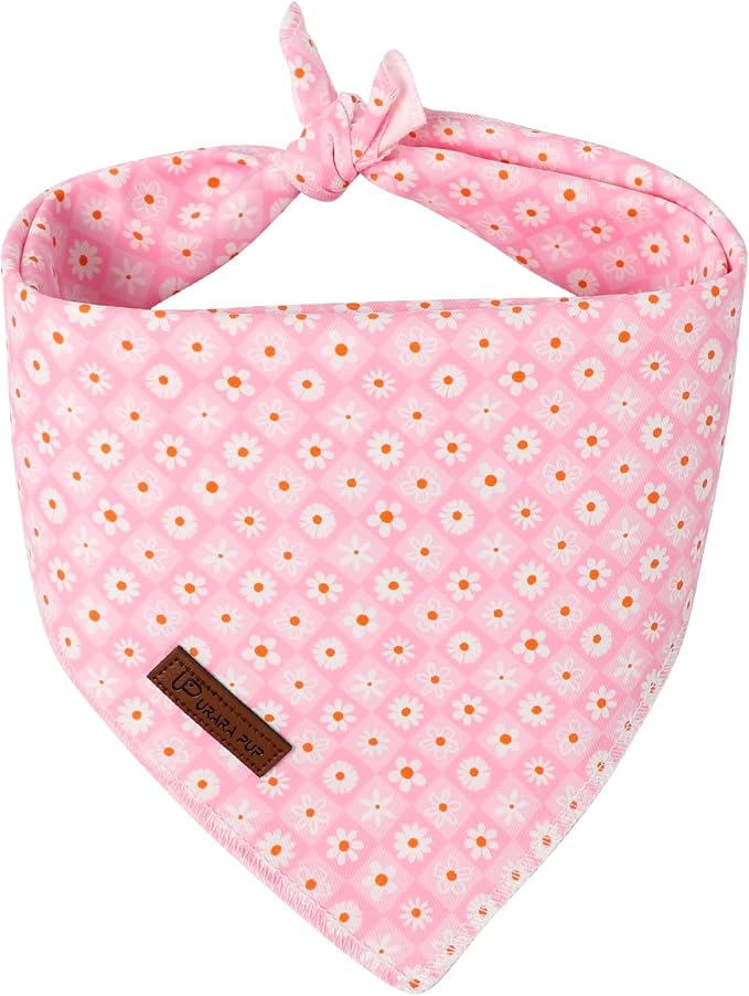 Summer Dog Bandana, UP URARA PUP Daisy Triangle Bid Scarf for Medium Large Dogs, Cotton Kerchief for Girl Boy Puppies, Cute Spring Pink Grid Bandana,L