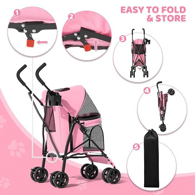 Magshion Compact Fold Pet Travel Stroller for Small Dogs Cats, Pink | Up to 22lbs, 4-Wheel Lightweight Umbrella Shaped Design, Safety Tethers, Breathable Mesh, Cup Holder & Rear Storage