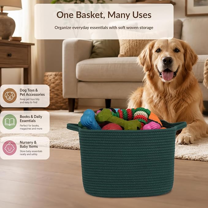 XUANGUO Woven Cotton Rope Storage Basket13x10x9 inch Forest Green | Woven cotton rope basket for shelves and closets. Perfect for toys, books, clothes, nursery storage and gift baskets.