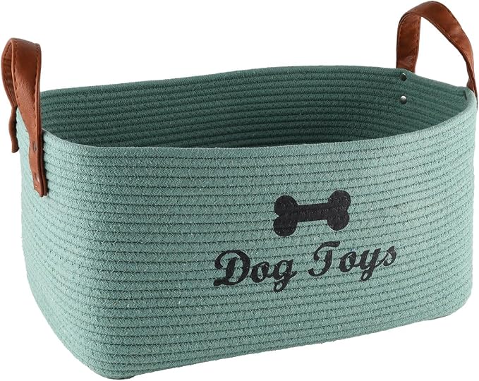 Large Dog Toy Basket, 100% Cotton Rope Dog Toy Storage Bin-Green | Dog Toy Box for Livingroom Area with Handle for organizing Pet toys,Blankets,Leashes,Pee Mats and Diapers-16.5"x10.6"x 7.5"