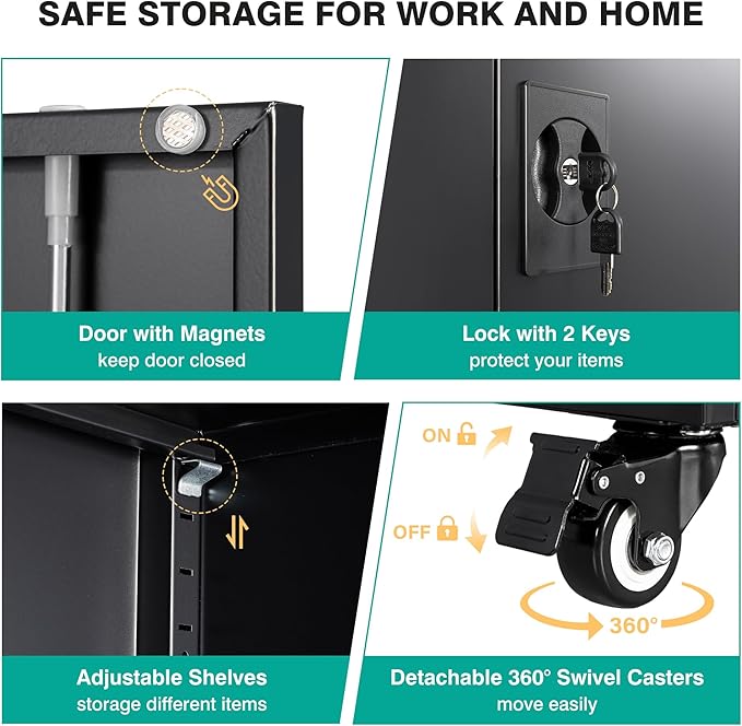 Metal Storage Cabinet with Wheels,75 inch Tall Rolling Garage Storage Cabinet with Lock,Black Metal Cabinets with Wheels and Shelves,Deep Heavy Duty Tool Locker for Garage,Home,Office,Shop