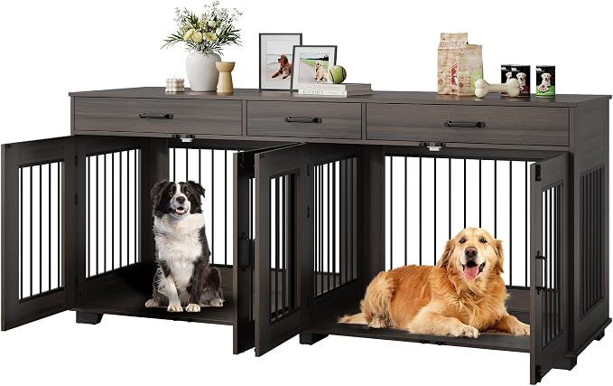 IDEALHOUSE 71-Inch Large Dog Crate with 3 Drawers for 2 Dogs, Walnut | Dog Kennel Furniture, Large Breed Dog Crate and TV Stand for Medium-Large Dog