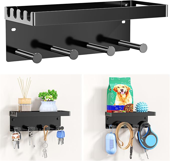 Dog Leash Holder for Wall, Key Holder Wall Mount, Metal Dog Leash Hooks, Pet Stuff Storage Shelf for Leash Hanger, Entryway Organizer Key Rack for Pet Collar, Treats, Toys, Mail (Black)