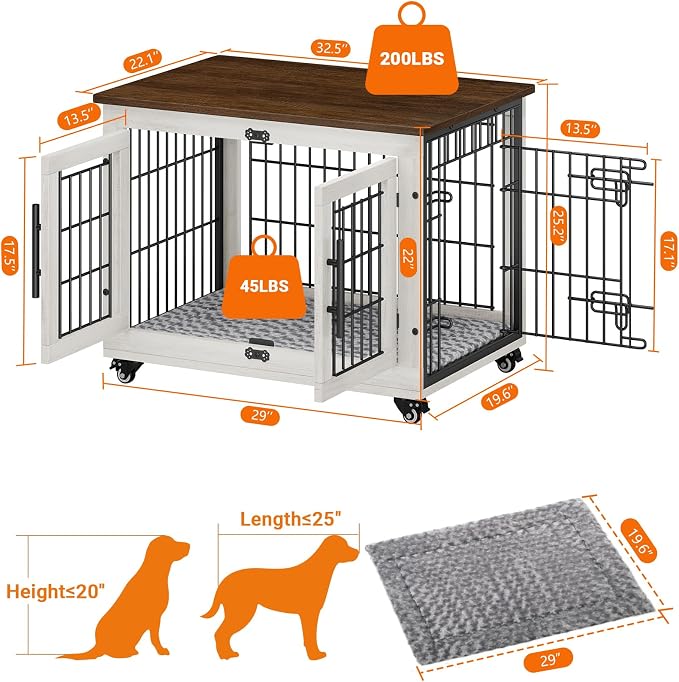 YaFiti Dog Crate Furniture, 32.5” Wooden Indoor Dog Kennel, 2 Pack, White | Cushion, Wheels, Double Doors, Furniture Style, Side End Table, Decorative Pet Cage House, Up to 45 lb, for Small/Medium Dogs
