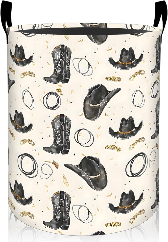 Western Cowboy Laundry Basket, Boot Black Hat Rope Oxford Cloth Dirty Clothes Collapsible Hamper for Room Decor, Rustic Gifts, Toy Organizer 19.7 x 15.7 Inches for Bedroom Bathroom Dorm