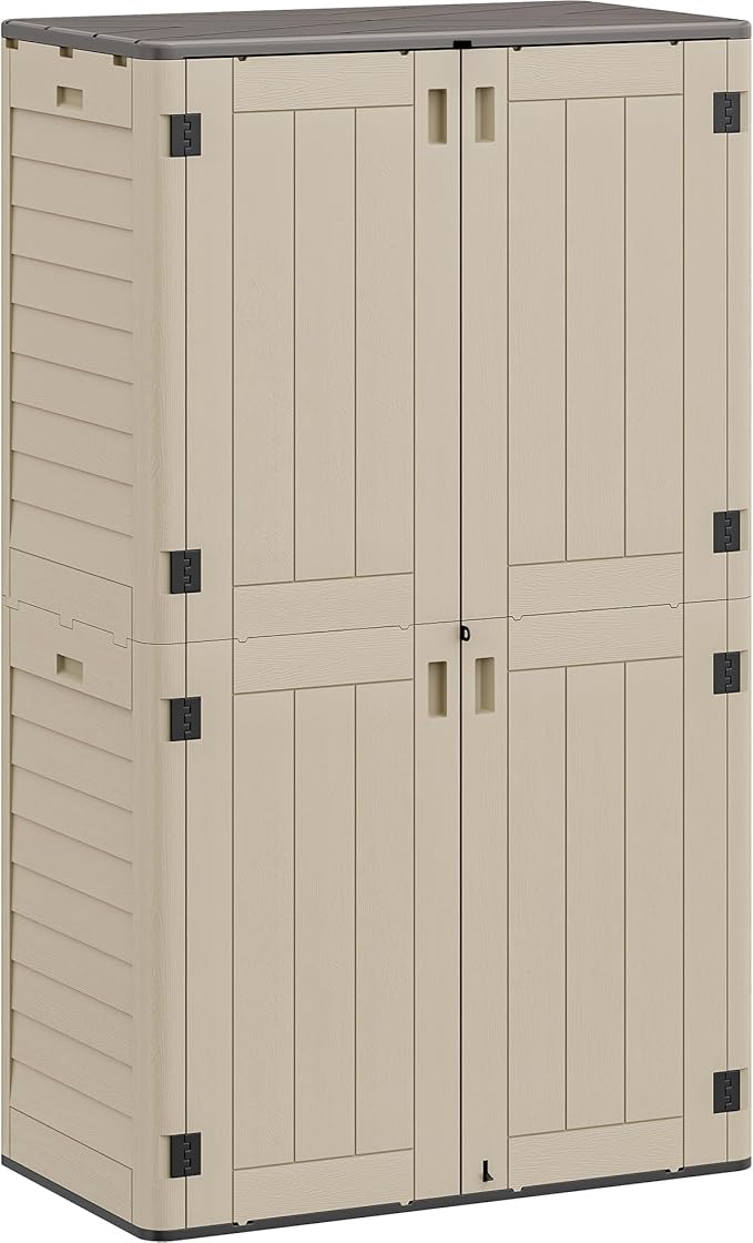 YITAHOME 60 cuft Vertical Outdoor Storage Shed w/o Shelf, Large Waterproof Storage Cabinet for Garden Shed, Tall Outdoor Storage Shed for Garage, Pool Storage, Resin, Lockable, Khaki & Brown