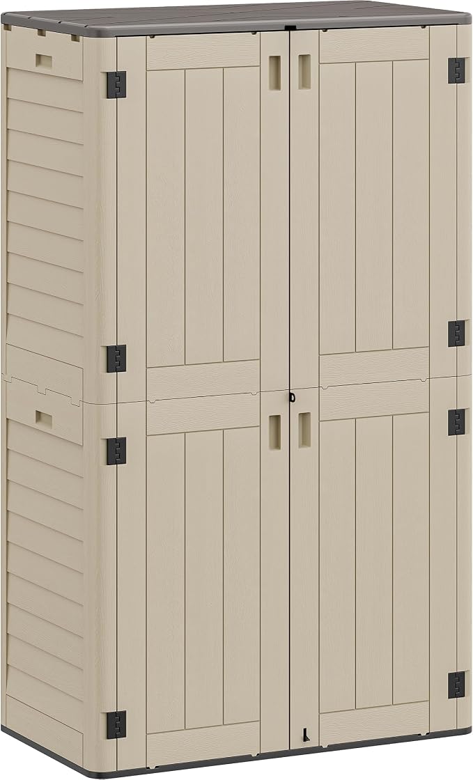 YITAHOME 60 cu ft Tall Outdoor Storage Shed w/o Shelf, Resin Vertical Outdoor Storage Shed, Large Waterproof Storage Cabinet for Garage, Poolside, and Garden (Khaki + Black)
