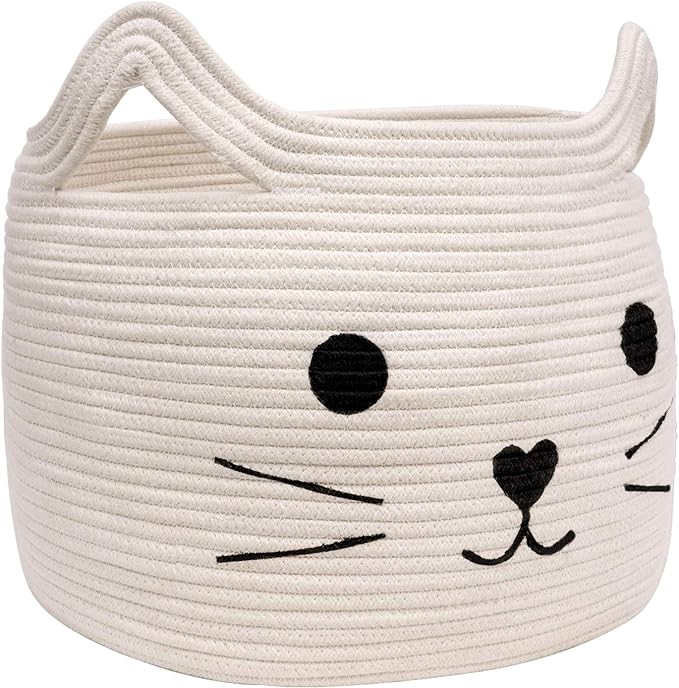 Large Woven Rope Cat Toy Basket with Cat Face Design, White | 15.7" x 11.8" Toy Bin & Box for Living Room Nursery, Baby Storage Basket for Towels, Blankets, with Sturdy Handles