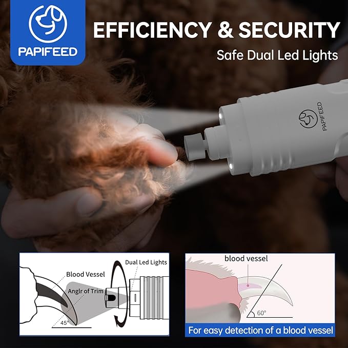 PAPIFFEED Dog Nail Grinder with LCD Display – Quiet Electric Nail Trimmer with Dual LED Light, Safe for Black & Thick Nails, Rechargeable for Small Medium Large Dogs & Cats (White)
