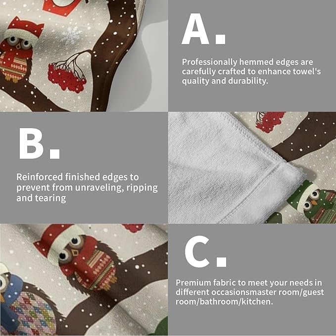 Giwawa Christmas Owl Towels 2PCs Xmas Red Birds Larger Hand Face Towel Winter Tree Berries Absorbent Microfiber Fingertip Towels Soft Guest Face Towel for Bathroom Spa Home Decor