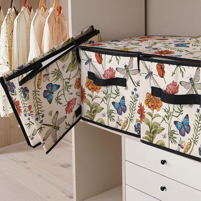 Stackable Clothes Storage Bins with Lids 3 Pack | Closet Organizers Fabric Cat Printing Box for Home and Office,Blanket Clothes Organizers,Under Bed Storage Containers