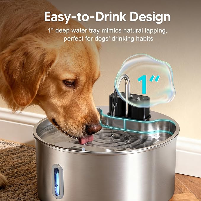 Voluas Dog Water Fountain: 1.8Gal/7L Wireless Stainless Steel Dog Fountain Bowl for Small to Large Dogs, Battery Operated Pet Water Dispenser Indoor with Ultra-Quiet Pump, Easy Clean, 3 Filter