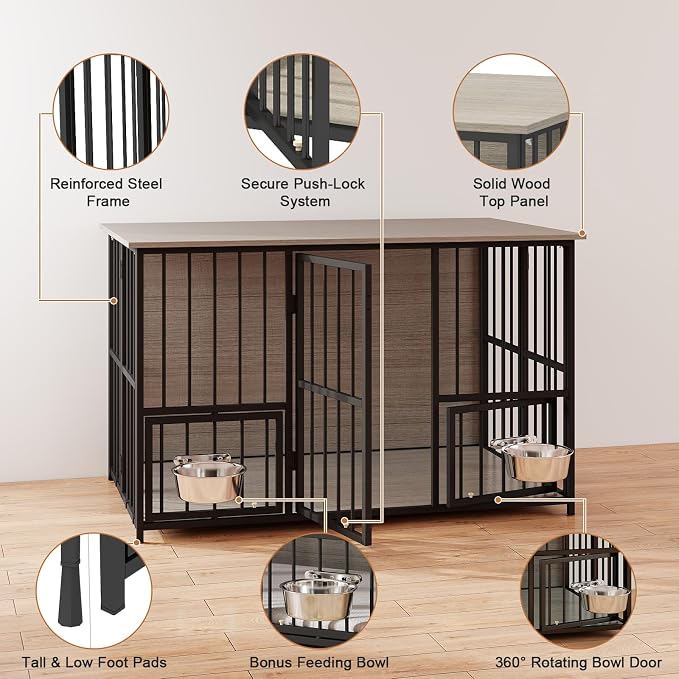 Hadulcet 41'' Foldable Dog Crate Furniture, Large Dog Kennel with 2 Bowls | Wooden Crate Table with Storage Top, Furniture Style Indoor Kennel for Small to Large Dogs with Rotating Food Door, Gray