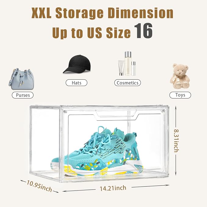 Clemate 5 Pack Clear Stackable Shoe Organizer Box with Lids, Acrylic Shoes Box with Magnetic Doors, Transparent Shoe Bins Closet Organizer, Fit up to US Size16, Containers for household or kitchen use