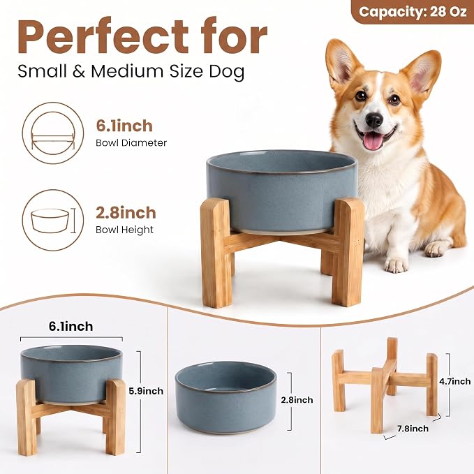 hjn Elevated Ceramic Dog Bowl with Bamboo Stand, Raised Pet Feeding Station for Small Medium Dogs Cats, Modern Design with Anti-Slip Base (Gray Blue, 3.6Cup)