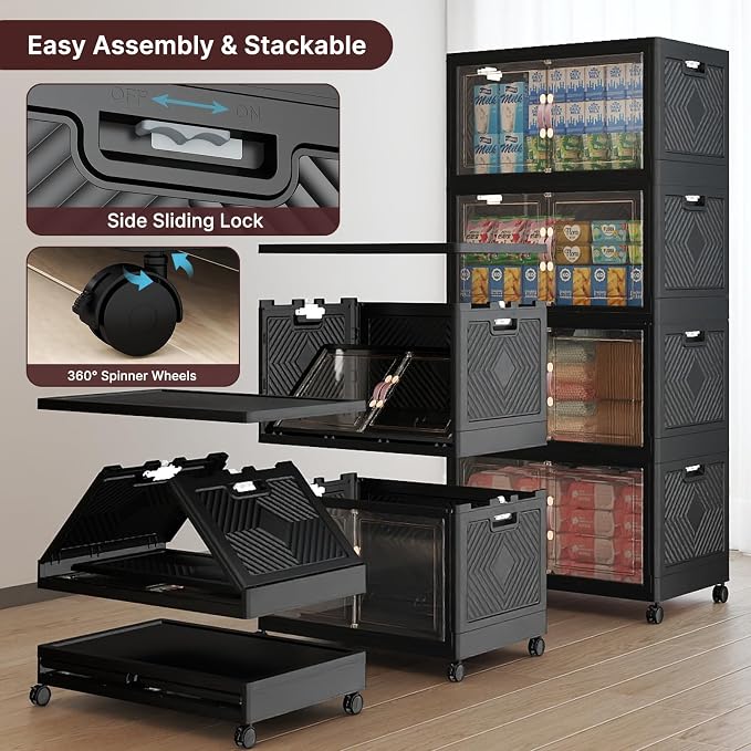 Stackable Storage Bins with Lids, 960QT Lockable Storage Cabinet | Folding Storage Box with Doors and Wheels, Collapsible Plastic Drawers for Home, Garage, Office