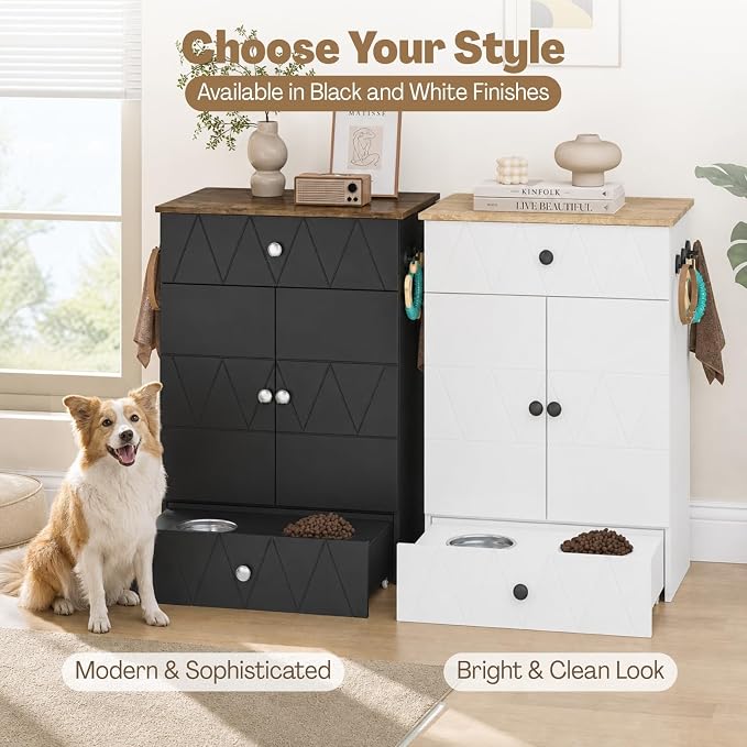 Dog Feeding Station with Storage Cabinet, Hidden Pull-Out Elevated Dog Bowls, Stainless Steel Feeding Drawer, Adjustable Shelves & Hooks, Modern Pet Food Storage Organizer for Dogs (Black)